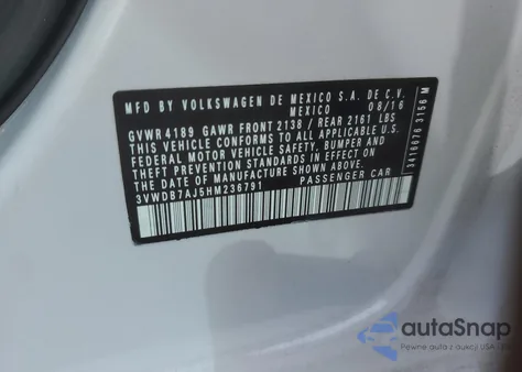 2017 Volkswagen Jetta Se из США, поврежденный, VIN 3VWDB7AJ5HM236791